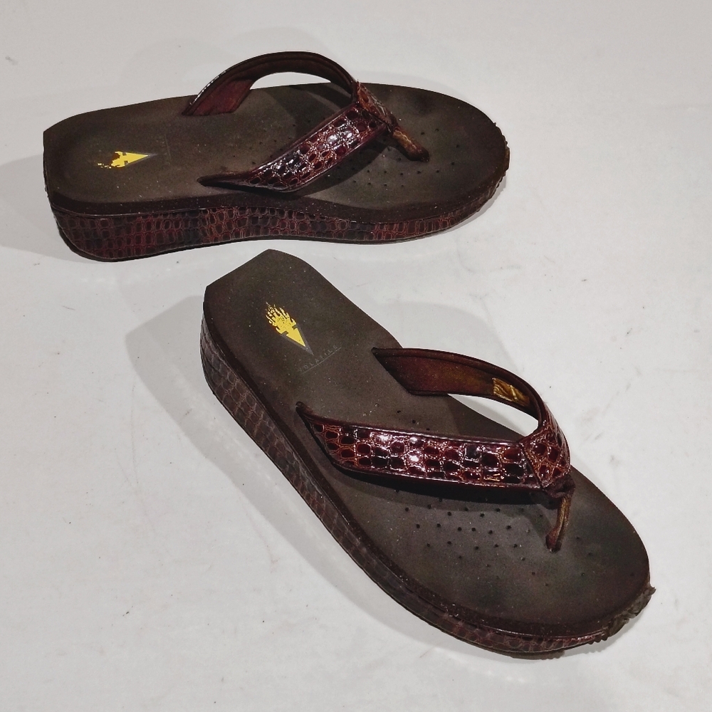 Brown Flip Flop Wedge  Sandals with Textured Straps Size 9